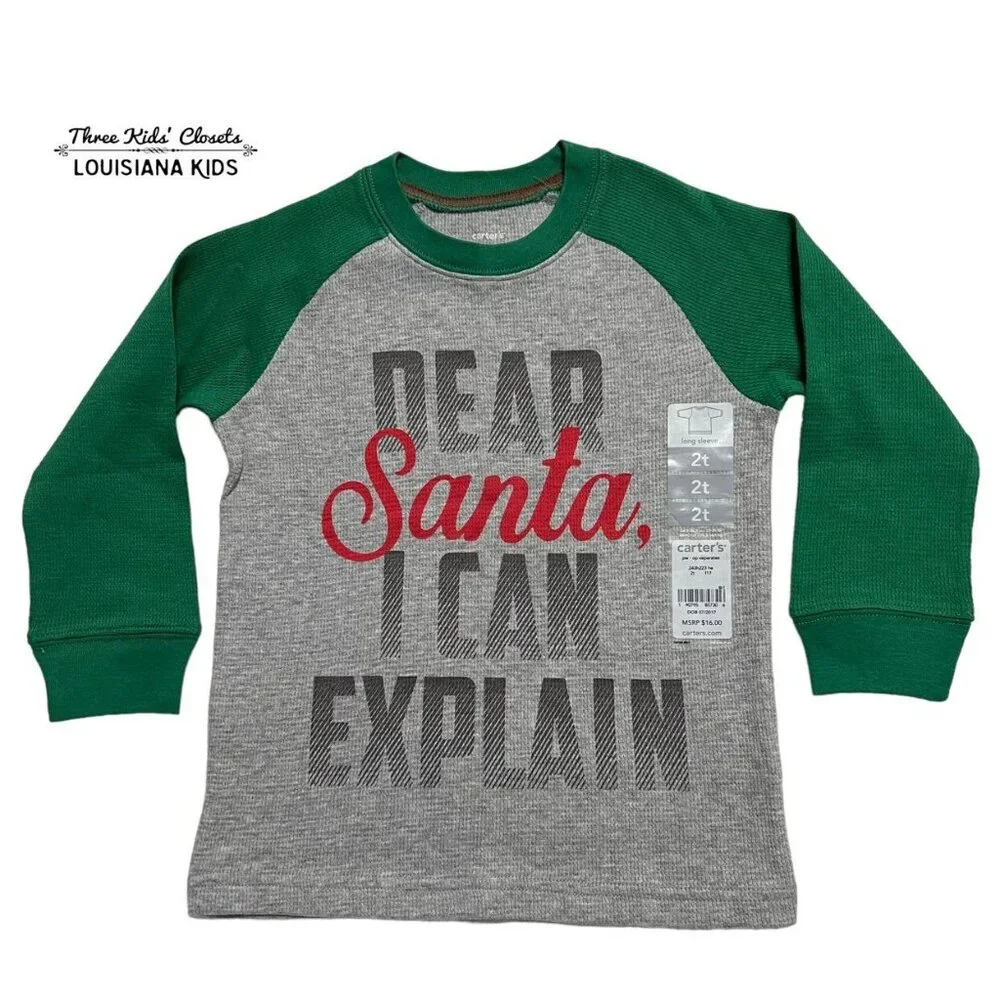 NEW Carter's 2T Christmas Dear Santa Waffle Knit Raglan Shirt